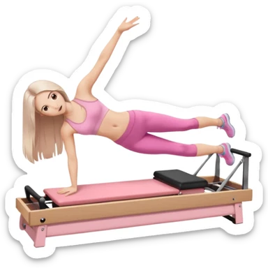 pretty white brunette teen long hair with hazel eyes and a small waist in light pink workout clothes in a plank on a pilates reformer sticker