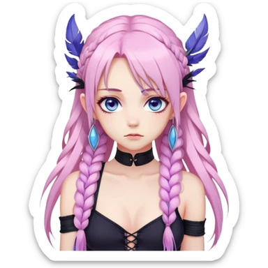 Gorgeous beautiful pretty grumpy anime lady long-pale-pastel-pink-hair with one braid on each side, hanging purple feather-ear-cuffs with pink tips in hair, black bodysuit, blue eyes, pink iris, ethereal, fashion aesthetic  sticker