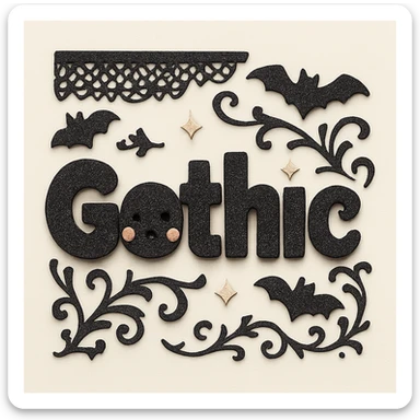 Add gothic motifs such as black lace, tiny bats, and ornate flourishes around the sparkling black text, keep the 3D paper-craft effect, kawaii style, no outline, transparent background. sticker