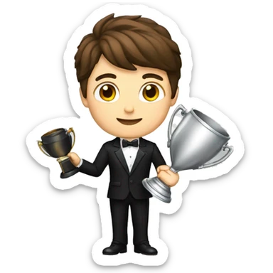 A young man with brown hair with a black suit holding a trophey, full body sticker