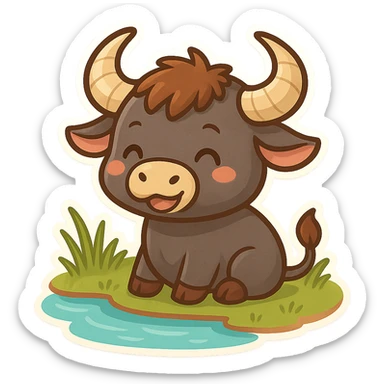 chibi cartoon sticker of a water buffalo (گامێش) by the water, cheerful and colorful style sticker