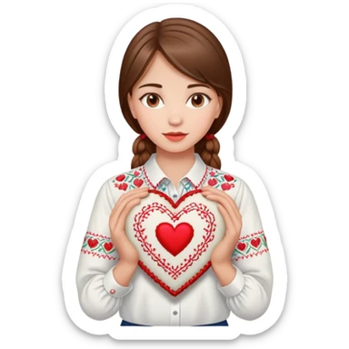 Beautiful young girl with brown hair in a white Ukrainian embroidered shirt holding a large embroidered heart sticker