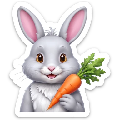 Grey rabbit, holding a carrot, grinning with joy
 sticker