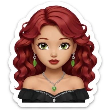 a pretty fair bratz girl with wavy dark red hair, wearing a black off shoulder top . silver dainty layered necklaces, carrying a matcha sticker