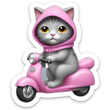 A gray stuffed cat. This cat is wearing a sleeveless sweater with a pink hood. He rides a scooter. sticker