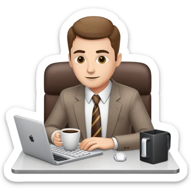 white journalist man in shirt and tie, typing on a computer, coffee cup nearby sticker