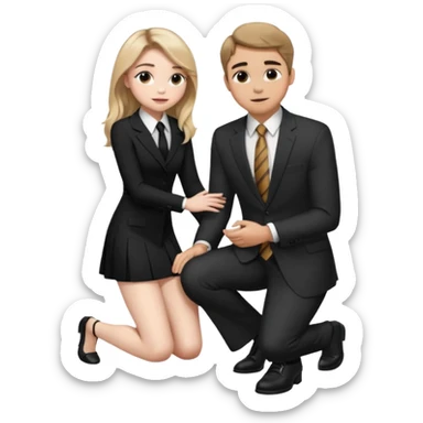  Sabrina carpenter kneeling down wearing a black dress with a tie, putting her hand on man’s leg who is standing  sticker