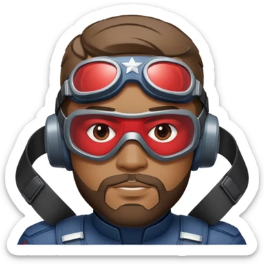 sam wilson with a very short hair close to the scalp and  a well-groomed beard that connects to his mustache,  wear sleek, red-tinted tactical goggles fit snugly from captain america: civil war sticker