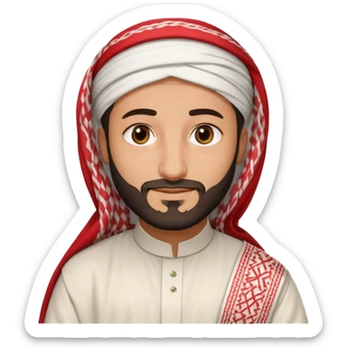 detailed iPhone-style emoji of a Saudi man resembling Crown Prince Mohammed bin Salman, soft round cartoon face, short beard, gentle brown eyes, calm confident smile, wearing traditional white thobe, red-and-white shemagh with black agal, both hands gently visible sticker