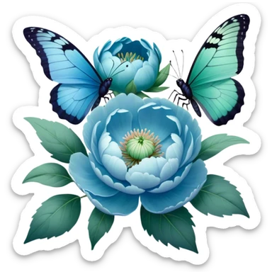A soft pastel-toned painting of blue peonies and a green butterfly, inspired by vintage floral art. sticker
