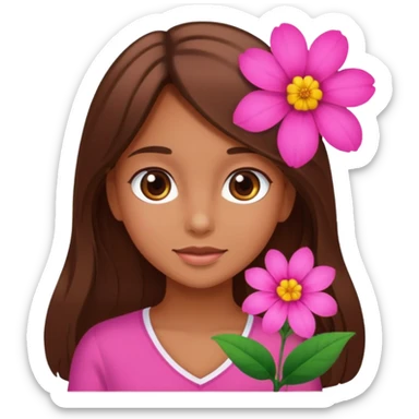A tanned girl's face waved long brown hair with pink flower sticker