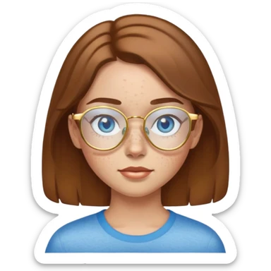 Girl with light skin, brown hair, blue eyes, freckles, and gold glasses sticker