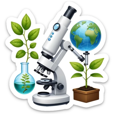An icon featuring a DNA helix, a microscope, and a plant leaf, symbolizing biology. The design includes animal cells, a test tube, and a globe, representing the study of life forms, ecosystems, and genetics. Transparent background highlights the exploration of living organisms. sticker