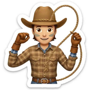 A cowboy with wide-brim hat, plaid shirt, and relaxed grin while twirling a rope.
 sticker