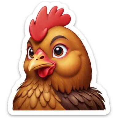 Cinematic Cute Brown Chicken Portrait Emoji, Head tilted playfully and inquisitively, featuring a lustrous brown feathered coat with a natural sheen and a subtle red comb, round, sparkling beady eyes filled with curiosity, Simplified yet irresistibly adorable features, highly detailed, glowing with a warm, friendly glow, high shine, affectionate and lively, stylized with a touch of country charm, bright and endearing, soft glowing outline, capturing the essence of a mischievous yet loving chicken, so playful it feels like it could peck out of the screen and into your arms! sticker
