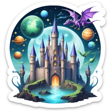 Icon for Fantasy and Sci-Fi Movies: A magical collage with flying dragons and futuristic spaceships. Stars and planets shimmer in the background with a mystical castle Hogvards and an ancient wizard holding a staff. The atmosphere is epic, otherworldly and adventurous. Transparent background. sticker