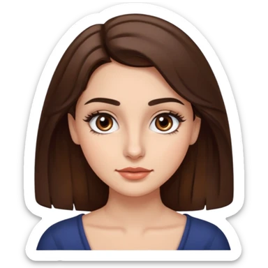uma mulher com cabelo curto, castanho, levemente ondulados e um pouco abaixo do ombro, sobrancelhas grossas e cílios grandes. Cor da pele é branca e olhos castanhos e um pequeno sinal na bochecha direita.  sticker
