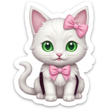 A happy cute fluffy white kitten with green eyes and a pink bow  sticker