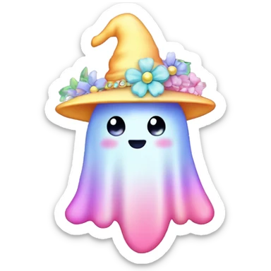 Kawaii rainbow pastel bedazzled ghost wearing witch hat with flowers  sticker