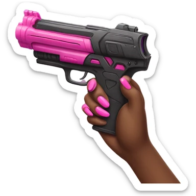 brown hand with pink nails holding large scary dark nerf gun sticker