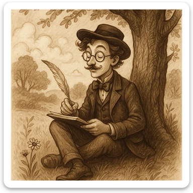 a whimsical poet in vintage attire, with a chapeau and round glasses, sitting under a tree, writing poetry about nature sticker