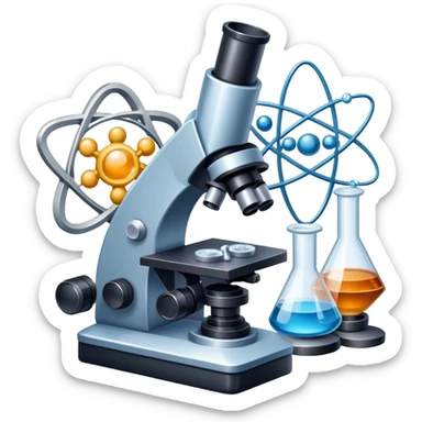 An icon featuring a microscope, a metal sample, and atomic structure symbols, symbolizing materials science. The design includes crystal lattices, polymers, and lab tools, representing the study of material properties and engineering. Transparent background highlights scientific analysis. sticker