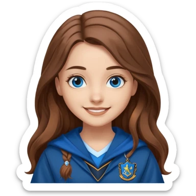 gorgeous Girl with light skin, blue eyes, long brown hair, wears a ravenclaw outfit sticker