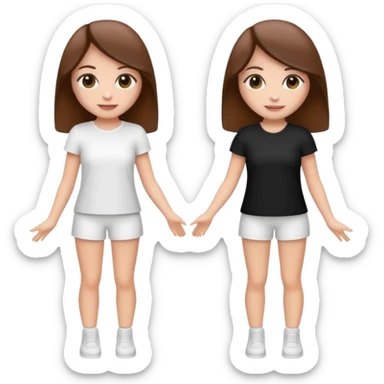 👯‍♀️ generate this emoji, as two white girls, bffs, the same pose but maybe the outfit cuter. we are models. both with brown hair. one girl in white outfit, the other in black sticker