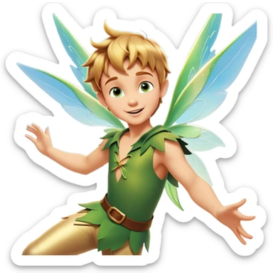 cinematic-realistic-peter-pan-portrait, head tilted dramatically with an exaggeratedly amused expression and sparkling eyes brimming with playful mischief, his iconic outfit rendered in vivid detail with dynamic shadows, soaring through the air. Flying right Next to him is a glowing Tinker Bell, whose delicate wings leave a trail of shimmering pixie dust across a whimsical sky. sticker