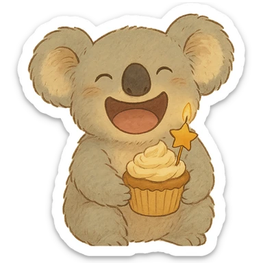 laughing koala holding cupcake with star candle, soft Ghibli style sticker