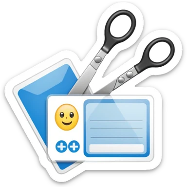 Scissors cutting ID card in 2 parts. Realistic sticker