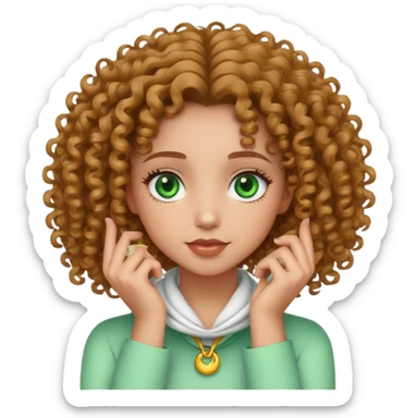 make me an emoji of a light skin curly headed green eye girl with her hands around her neck sticker