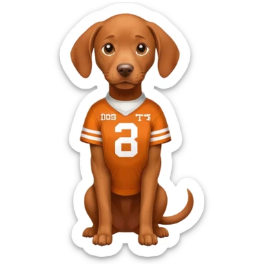 Viszla dog wearing a university of Texas football jersey  sticker