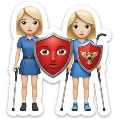 Two women, one with a shield over her eye and the other with crutches. sticker