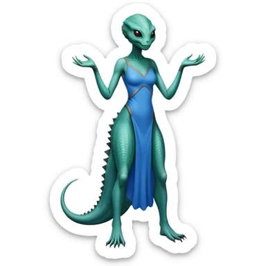 a reptilian alien woman full body, in blue dress sticker