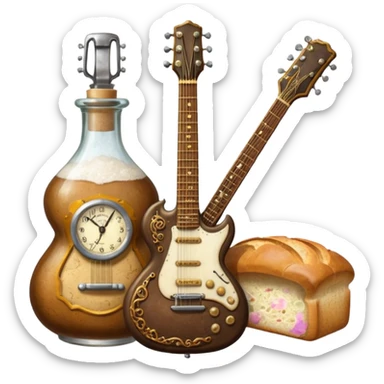steampunk - a bottle of salt (salt shaker) and a loaf of  bread with a small SG Gibson electric guitar sticker