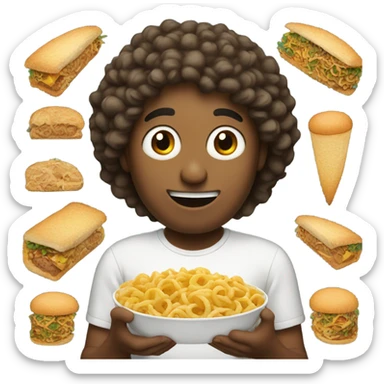 man with curly hair eating a lot of food sticker