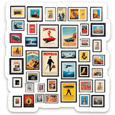 Icon for Photograph and Poster Collecting: a collection of photographs and movie posters, neatly displayed on a wall or in frames. The icon should evoke the nostalgia and artistic value of collecting rare images and posters. Transparent background. sticker