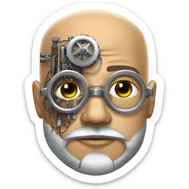 Tan bald male Latino cyborg head with grey beard, silver steampunk monocle goggles and circuits sticker