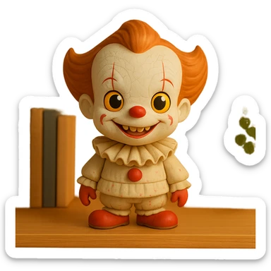 Transform this Pennywise clown into a toy version with minimal blood, soft and playful features, keep the background transparent. sticker
