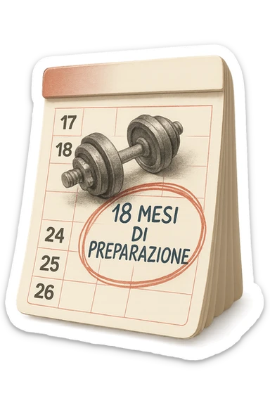 foglio di calendario con manubri da palestra disegnati e la scritta a penna "18 MESI DI PREPARAZIONE" CERCHIATA IN ROSSO, FALLO MOLTO REALISTICO IN 3D sticker