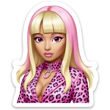 Nicki Minaj in pink and white leopard print outfit from Super Bass music video with bangs and split-dyed hair blonde on left side pink on right side sticker