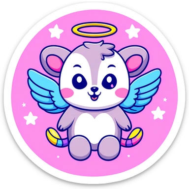 adorable possum with angel wings and halo, surrounded by stars and hearts, Lisa Frank colors sticker