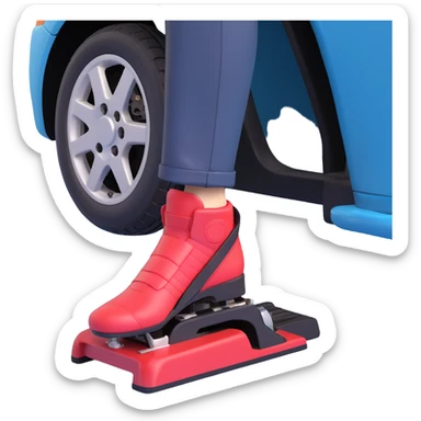 A clean 3D emoji-style illustration of a single right foot pressing down on gas pedal. Only the foot and the pedal are shown, viewed from the side. The pedal is slightly tilted to show pressure. No background, simple colors, minimal details sticker