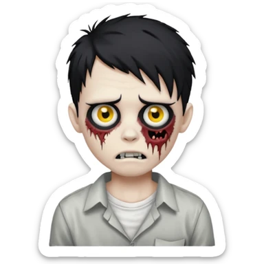 zombie boy with messy black emo hair, white shirt, stitched mouth, classic emoji style sticker