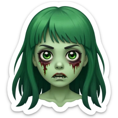 queria um emoji de zumbi verde de uma garota, olhos pretos, cabelos escuros e longos, com uma franja acima da sobrancelha  sticker