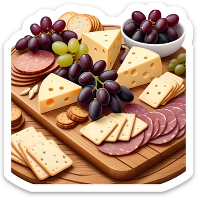 Delicious charcuterie board with assorted cheeses, meats, crackers, grapes, and olives arranged beautifully on a wooden board sticker
