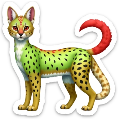 Colorful bluish cute adorable tropical exotic fruity kiwi-green lemony rosy neon-red Caracal-Cheetah-Serval-Snow-Leopard-Trico-Sergal-Vernid-fusion-hybrid-animal-creature, full body, with tribal markings sticker