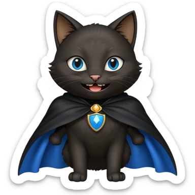 an all black anthropomorphic cat with blue eyes wears an all black cape and is smiling a mischievous sharp tooth grin sticker