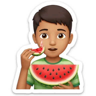 a watermelon with a indian 13 yearold boy who is a little fat eating it sticker